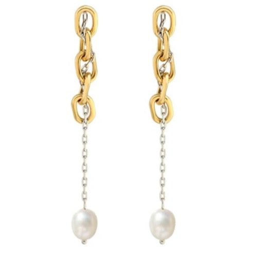 18K Gold Plated and Silver Threaded Chain Pearl Drop Waterproof Earrings - ADORABLE