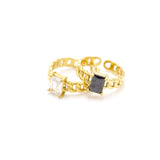 18K PVD Gold Plated Chain Rectangle Black & White Crystal CZ Stone Ring - JUBILANT