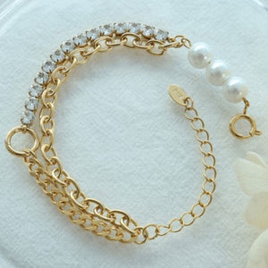 18K Gold Plated Double Link Bracelet Cubic Zirconia and Pearls - STYLISH