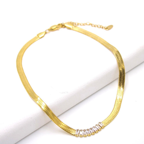 18K PVD Gold Plated Zircon Stone Herringbone Chain Necklace - VIRTUOUS
